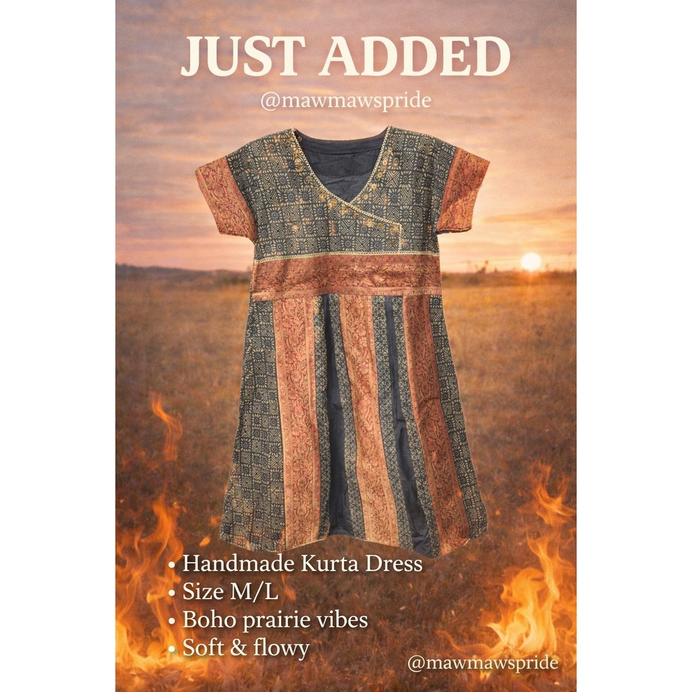 VINTAGE‎ Handmade Kurta Dress Boho Prairie Geometric Print Red Gold Size M L